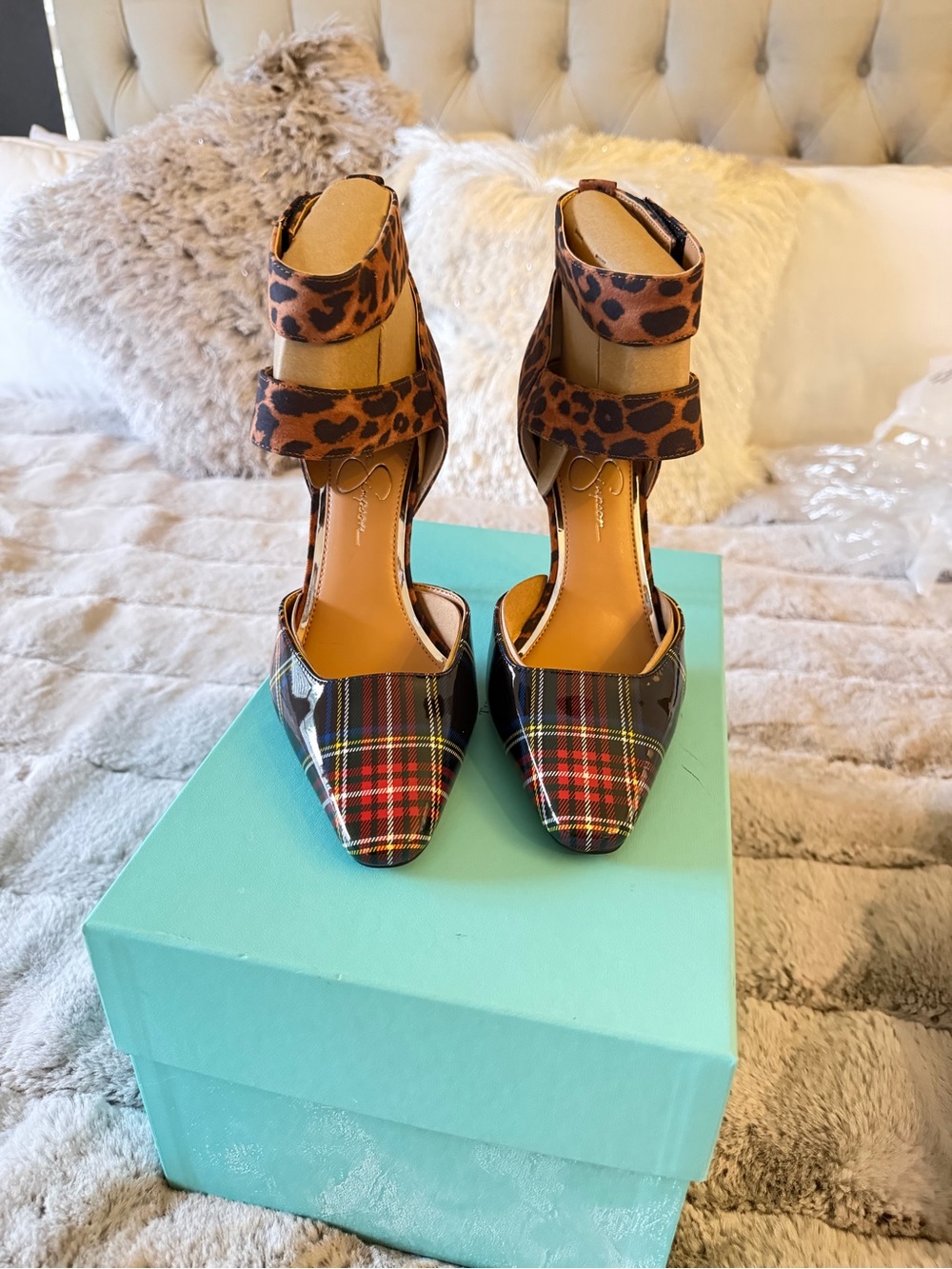 Jessica Simpson Plaid Pointed Pumps with Leopard Ankle Straps - Red/Green/Brown